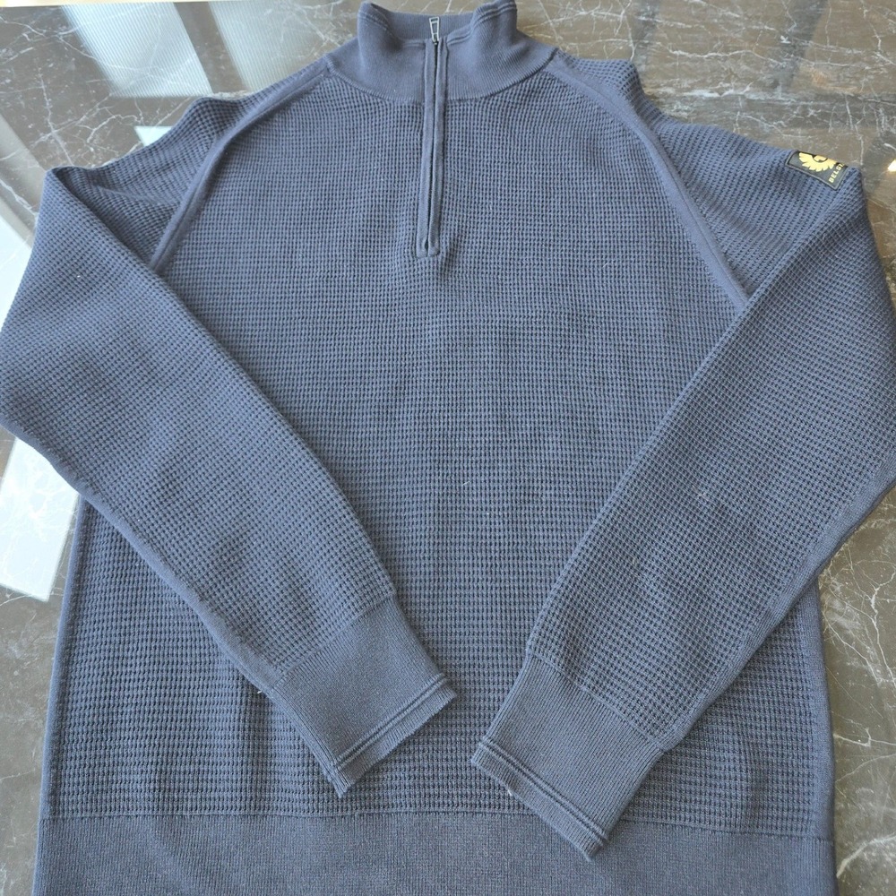 Belstaff Mens Quarter 1/4 Zip Pullover Knit Sweater Arm Logo Large Navy‎ Blue - Picture 4 of 6